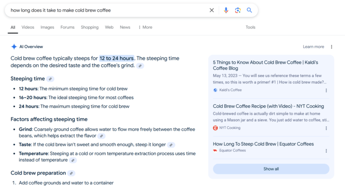 AI Overview with a cold brew recipe cited